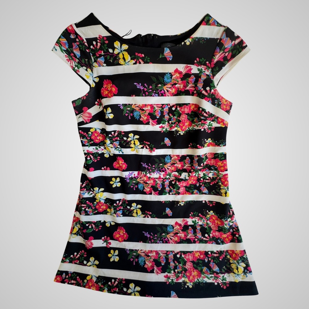Adrianna Papell Floral Stripe Cap Sleeve Sheath Dress Black White Pink 14W